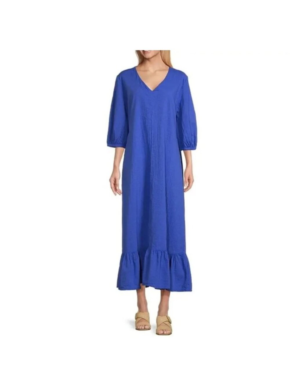 Bryn Walker Lana Seersucker V-Neck 3/4 Puff Sleeve Ruffle Hem Long Maxi Dress M